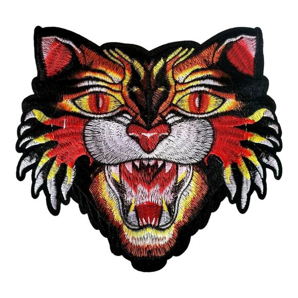 Large Designer Multi-Color Snarling Cat Head Embroidered Sew-On Patch - Picture 1 of 4
